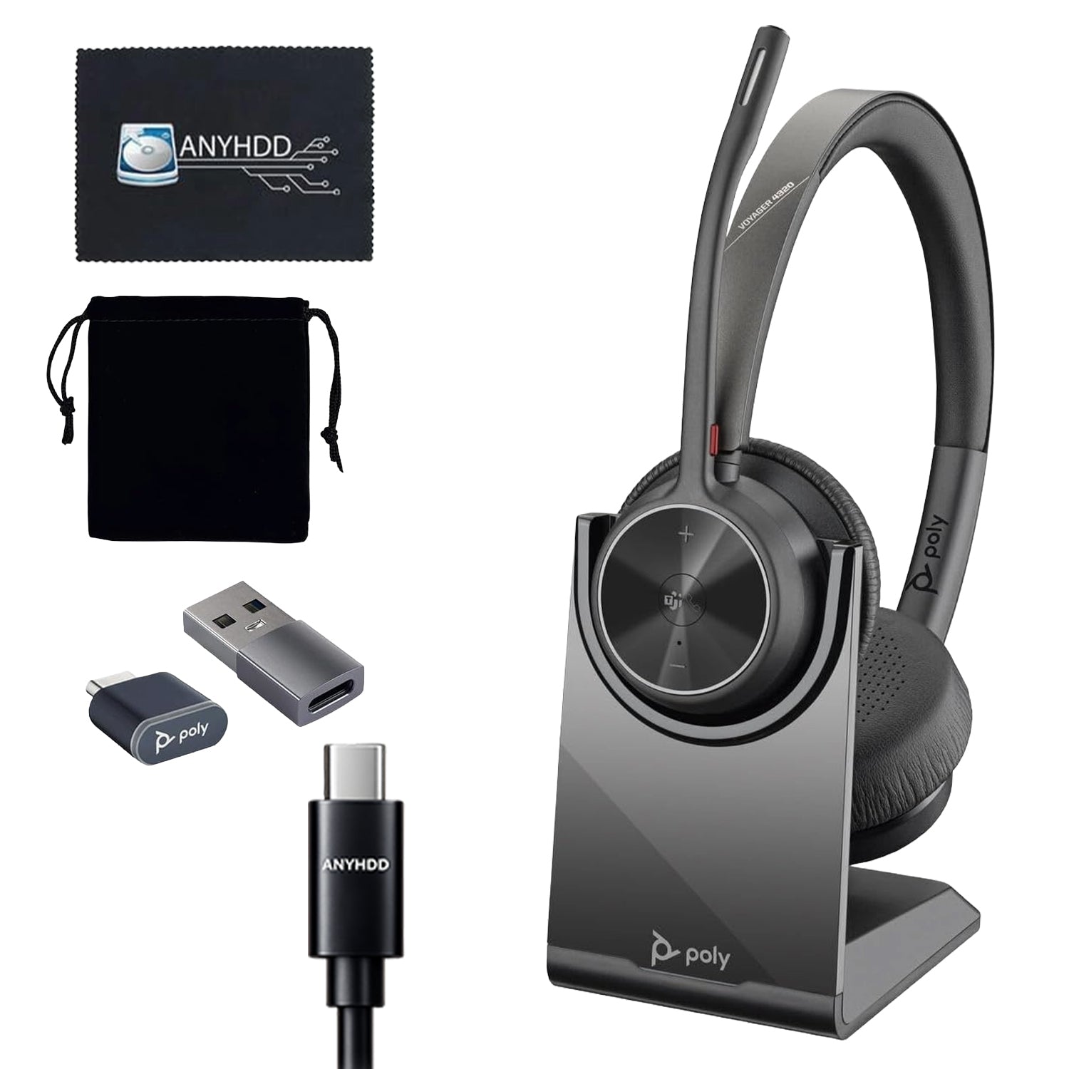 Poly Voyager 4320 UC Wireless Headset with Charge Stand, USB‑C Adapter, USB‑C/A Adapter, Bluetooth 5.2 and Noise‑Canceling Boom Mic
