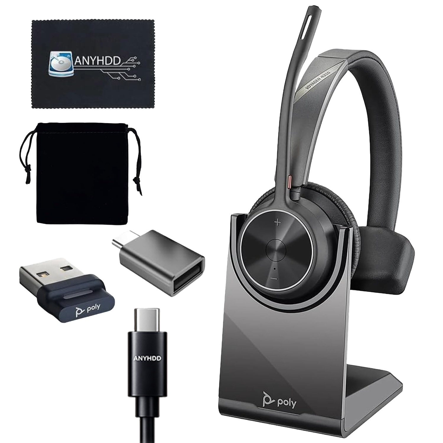 Poly Voyager 4310 UC Wireless Headset with Charging Stand, USB‑A to C Adapter, USB‑C Cable & Microfiber Cloth – Single‑Ear Bluetooth Headset
