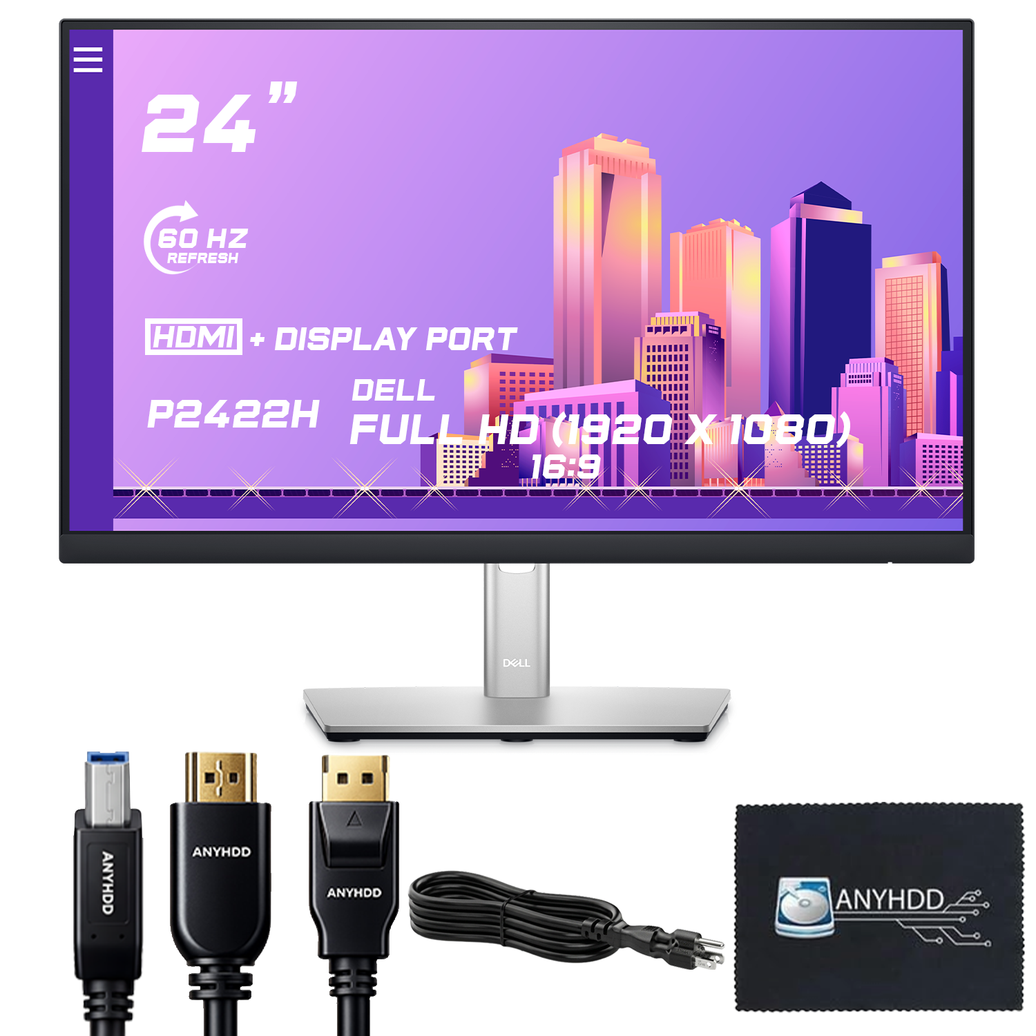 Dell P2422H 24" 16:9 IPS Computer Monitor Screen Bundle with Power Cord + USB 3.0 Upstream Cable + Display Port Cable + HDMI Cable + Microfiber Cloth - New Model