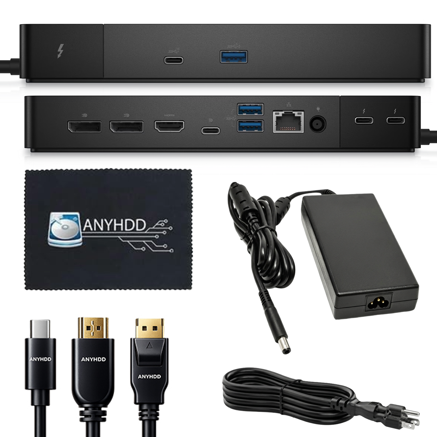 Dell WD22TB4 Thunderbolt 4 Dock Bundle - 40Gbps USB-C/USB-A, 3 Year Warranty with 180W Adapter, Anyhdd HDMI, DP, USB-C Cable & Cloth - Docking Station, Supports Dual/Triple Monitors & 4k Display