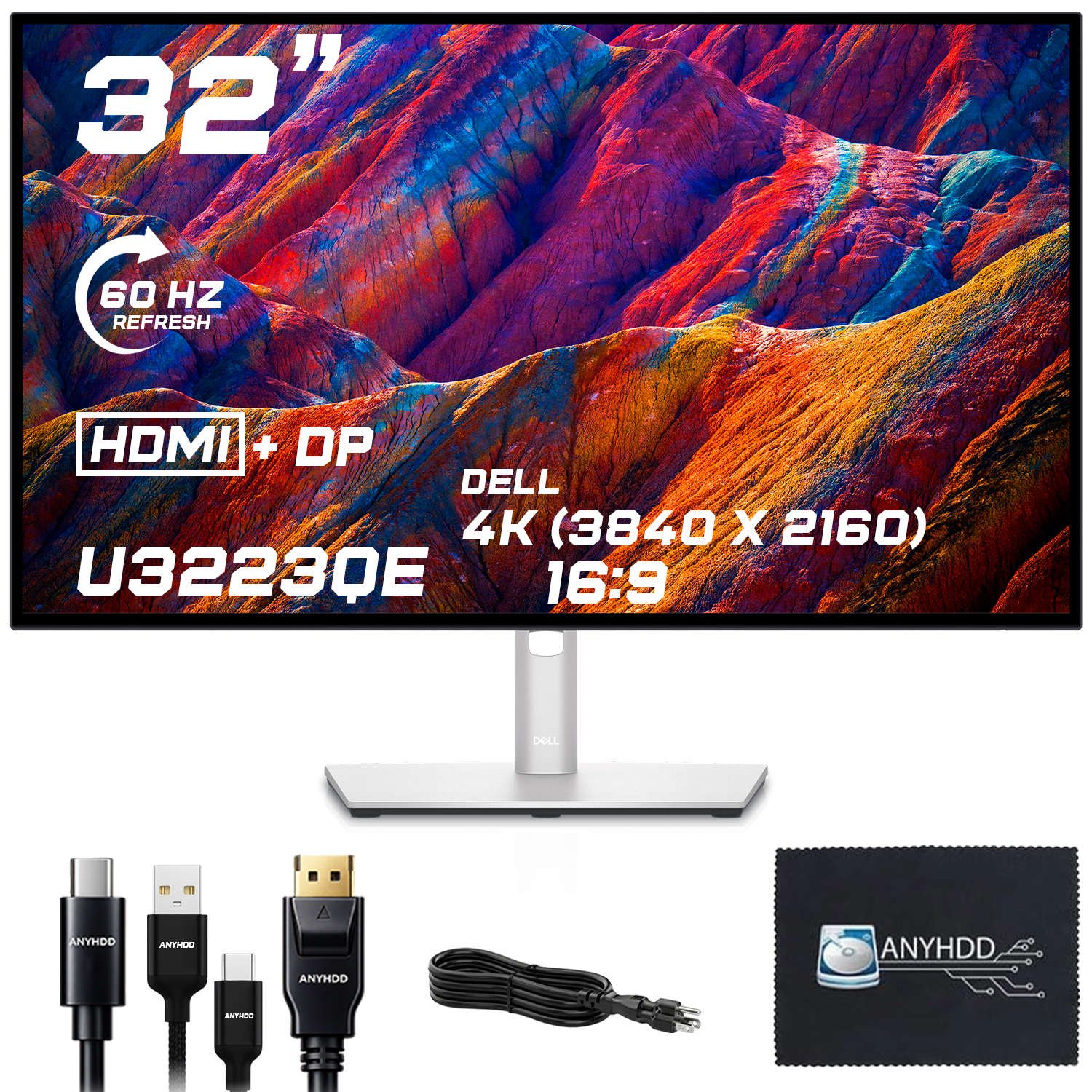 Dell UltraSharp U3223QE 32-Inch 4K UHD Monitor Bundle - 16:9 WLED LCD With Power Cord, USB Cables, DisplayPort Cable, HDMI Cable and Microfiber Cloth