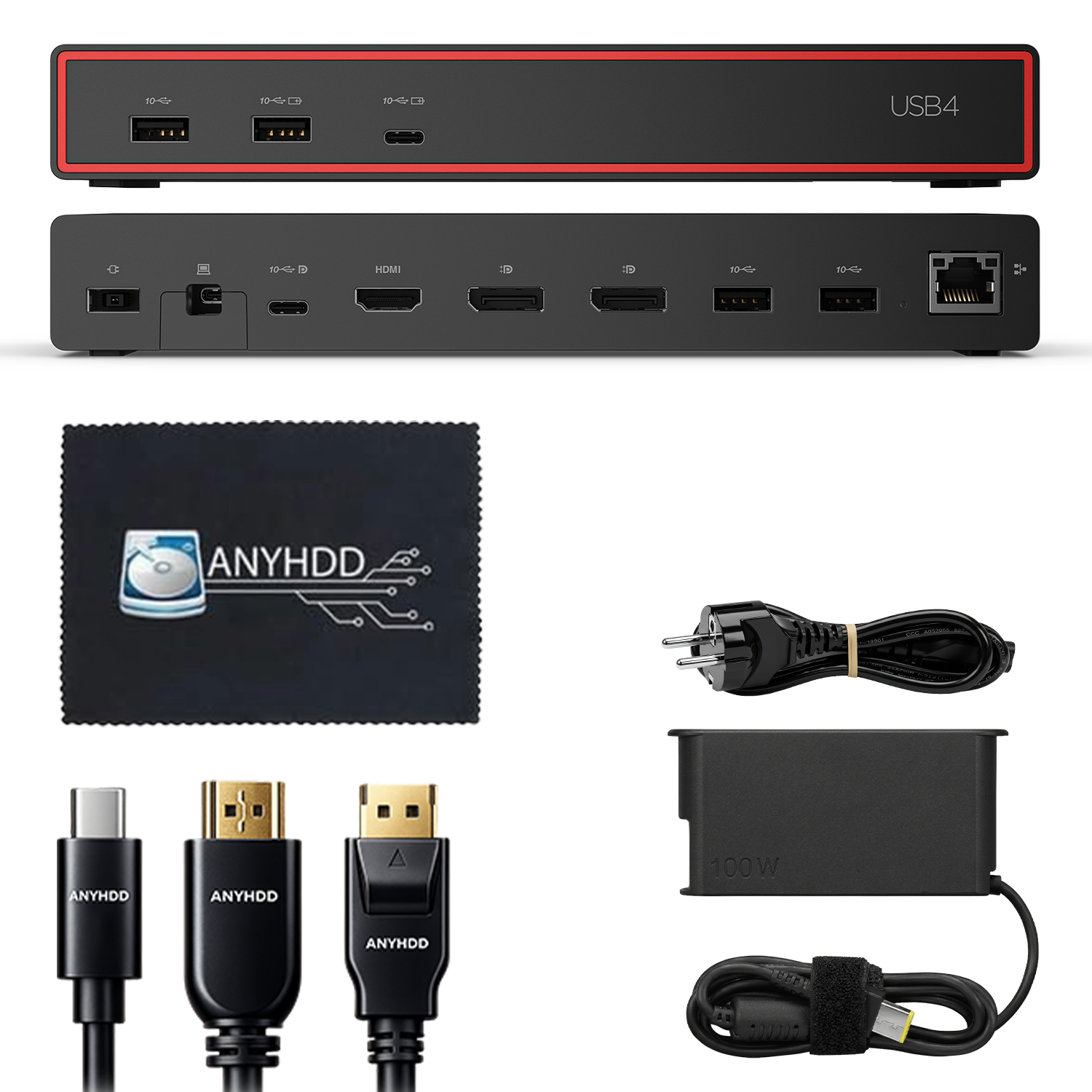 Lenovo 40BF0100US USB4 Docking Station for Laptops with 100W Adapter, HDMI, DisplayPort, USB C Cables & Cloth- Docking Station