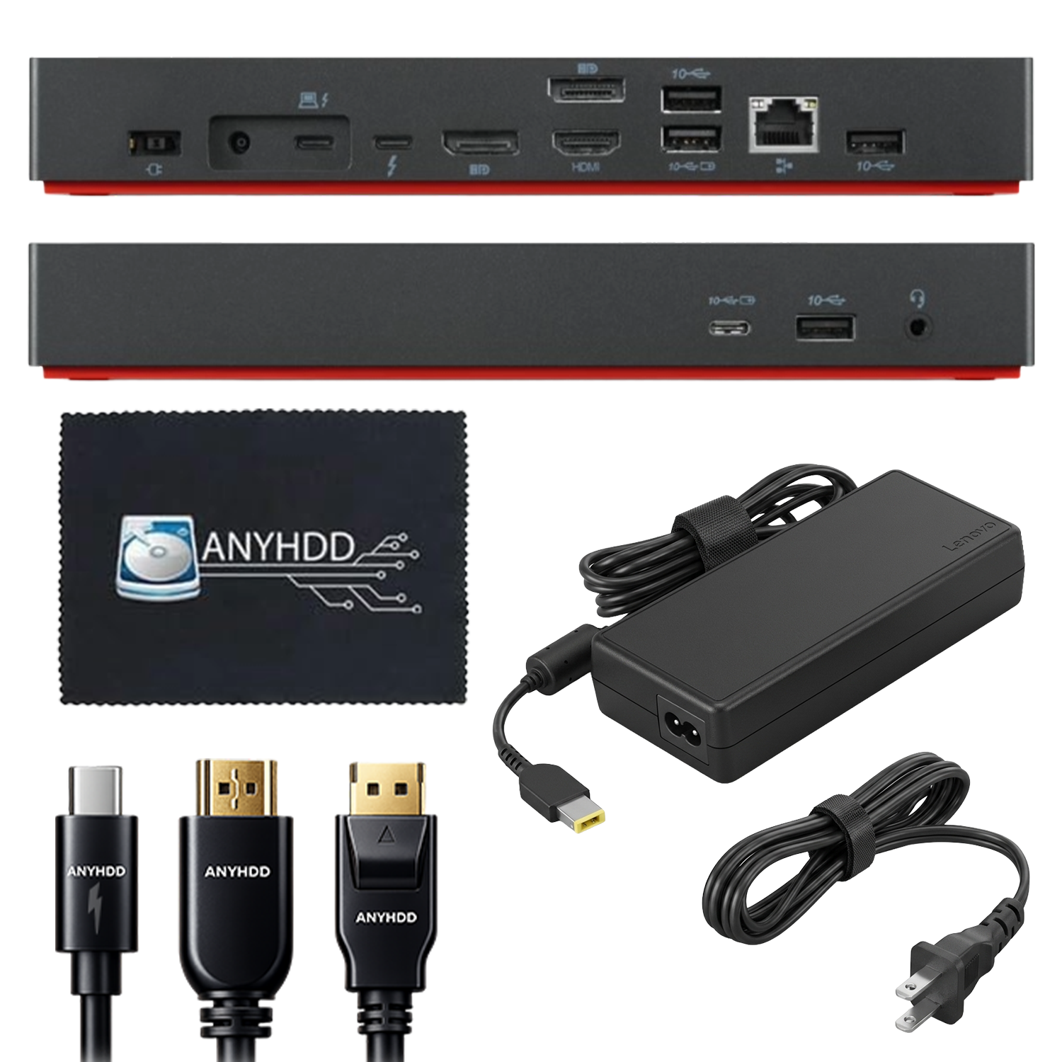 Lenovo 40B00135US Docking Station Thunderbolt 4 Dock - Universal Laptop Docking Stations with 135W Power Adapter + HDMI Cable + DisplayPort Cable + Thunderbolt Cable + Microfiber Cloth