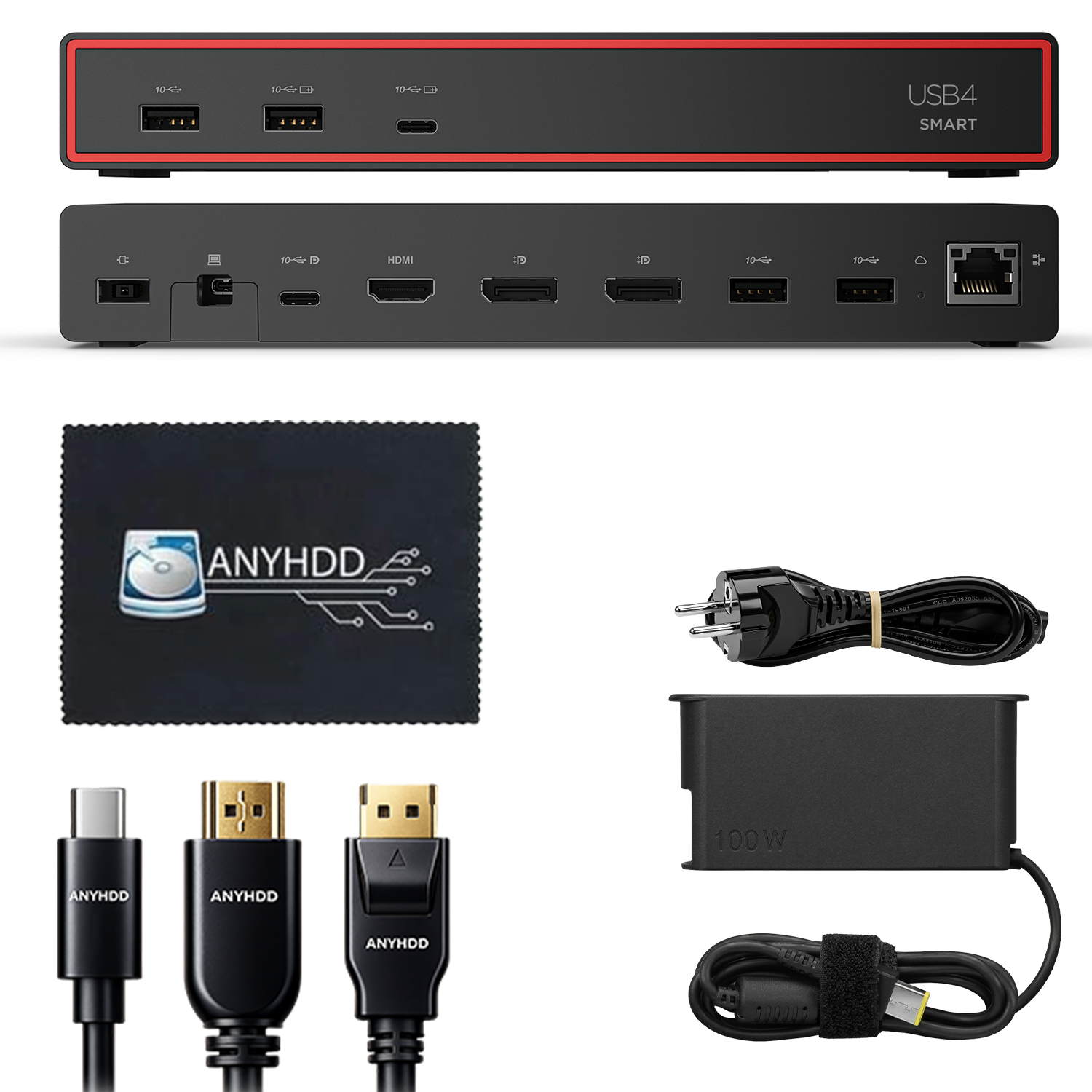 Lenovo 40BC0100US USB4 Smart Dock 5500 for Laptops with 100W Adapter, HDMI, DisplayPort, USB C Cables & Cloth - Docking Station