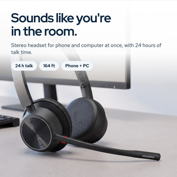Poly Voyager 4320 UC Wireless Headset with Charge Stand, USB‑C Adapter, USB‑C/A : On the desk