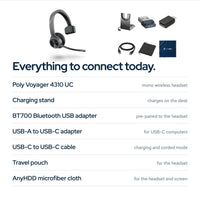 Poly Voyager 4310 UC Wireless Headset with Charging Stand, USB‑A to C Adapter, U: In the box