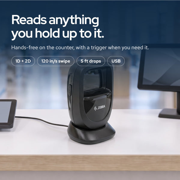 Zebra DS9308 Presentation Barcode Scanner – 1D & 2D Imager, USB-A Interface: On the desk