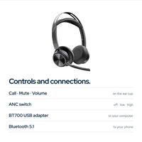Poly Voyager Focus 2 USB‑C Wireless Headset with Charging Stand, USB‑C Adapter a: Ports