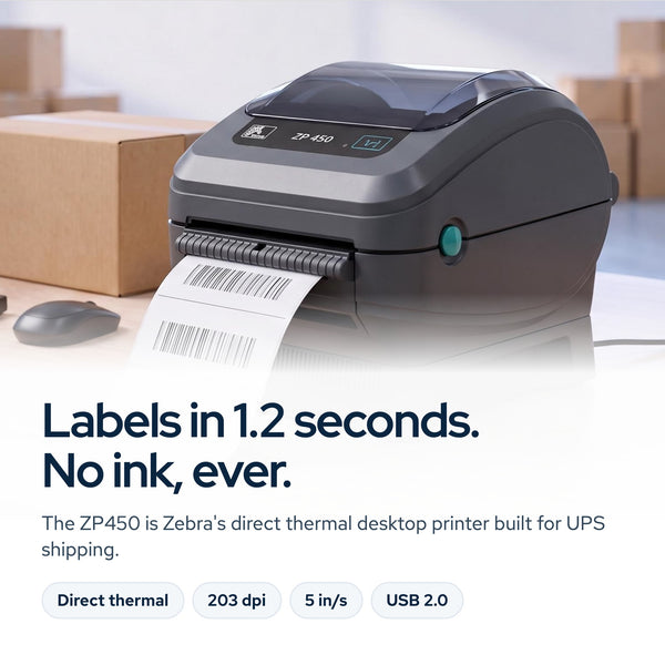 Zebra ZP450 Direct Thermal Barcode Label Printer for Shipping & E-Commerce, High: On the desk