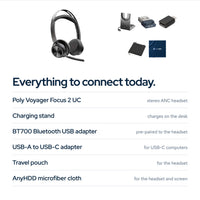 Poly Voyager Focus 2 USB‑C Wireless Headset with Charging Stand, USB‑C Adapter a: In the box