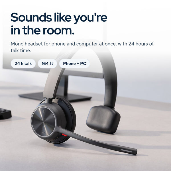Poly Voyager 4310 UC Wireless Headset with Charging Stand, USB‑A to C Adapter, U: On the desk