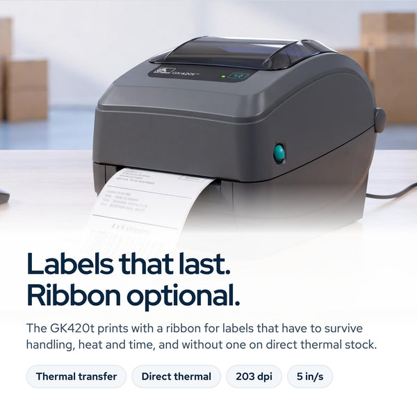 Zebra GK420T Thermal Transfer Desktop Printer for Labels, Receipts, Barcodes, Ta: On the desk