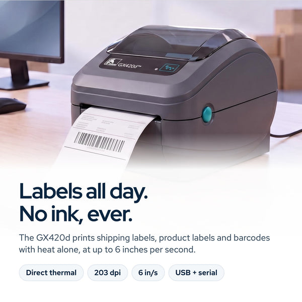 Zebra GX420D Direct Thermal Printer for Labels, Receipts, and Barcodes – Include: On the desk