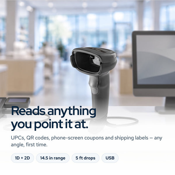 DS2208-SR Handheld 2D Barcode Scanner Kit with USB Cable, USB-A to USB-C Adapter: On the desk