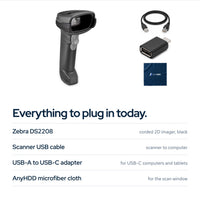DS2208-SR Handheld 2D Barcode Scanner Kit with USB Cable, USB-A to USB-C Adapter: In the box