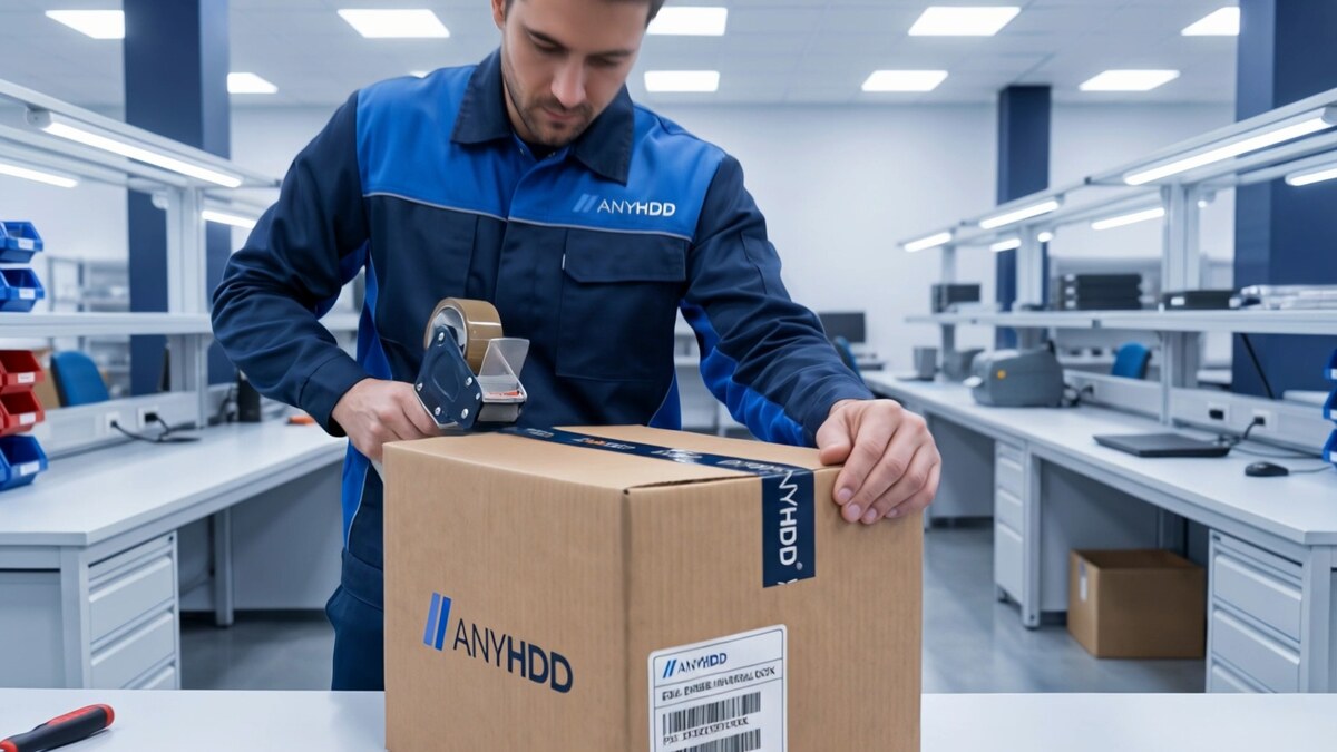Pack-out station — labeled AnyHDD cartons