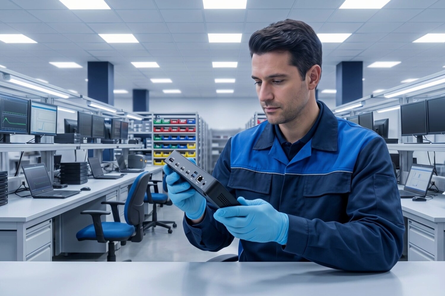 A technician at the bench with a drive in a tester