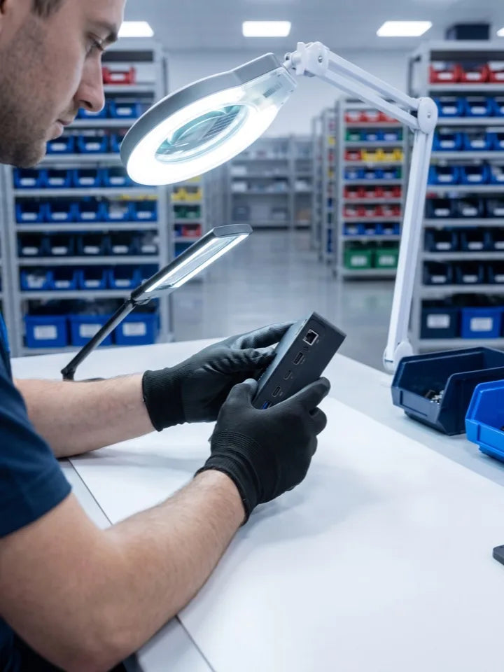 Gloved hands examining a unit's ports under an inspection lamp