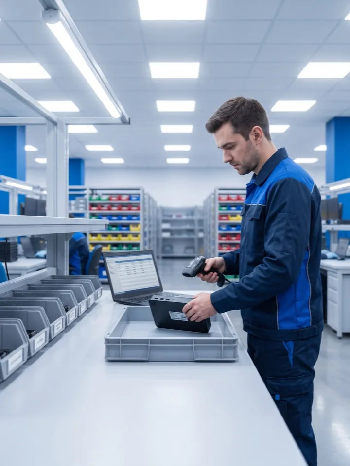 A technician scanning a unit into the system at the intake bench