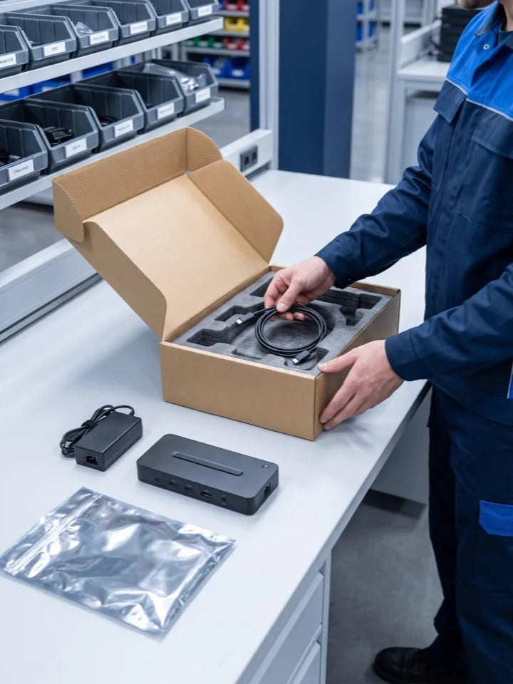 A technician packing a unit with its accessories into a right-sized box